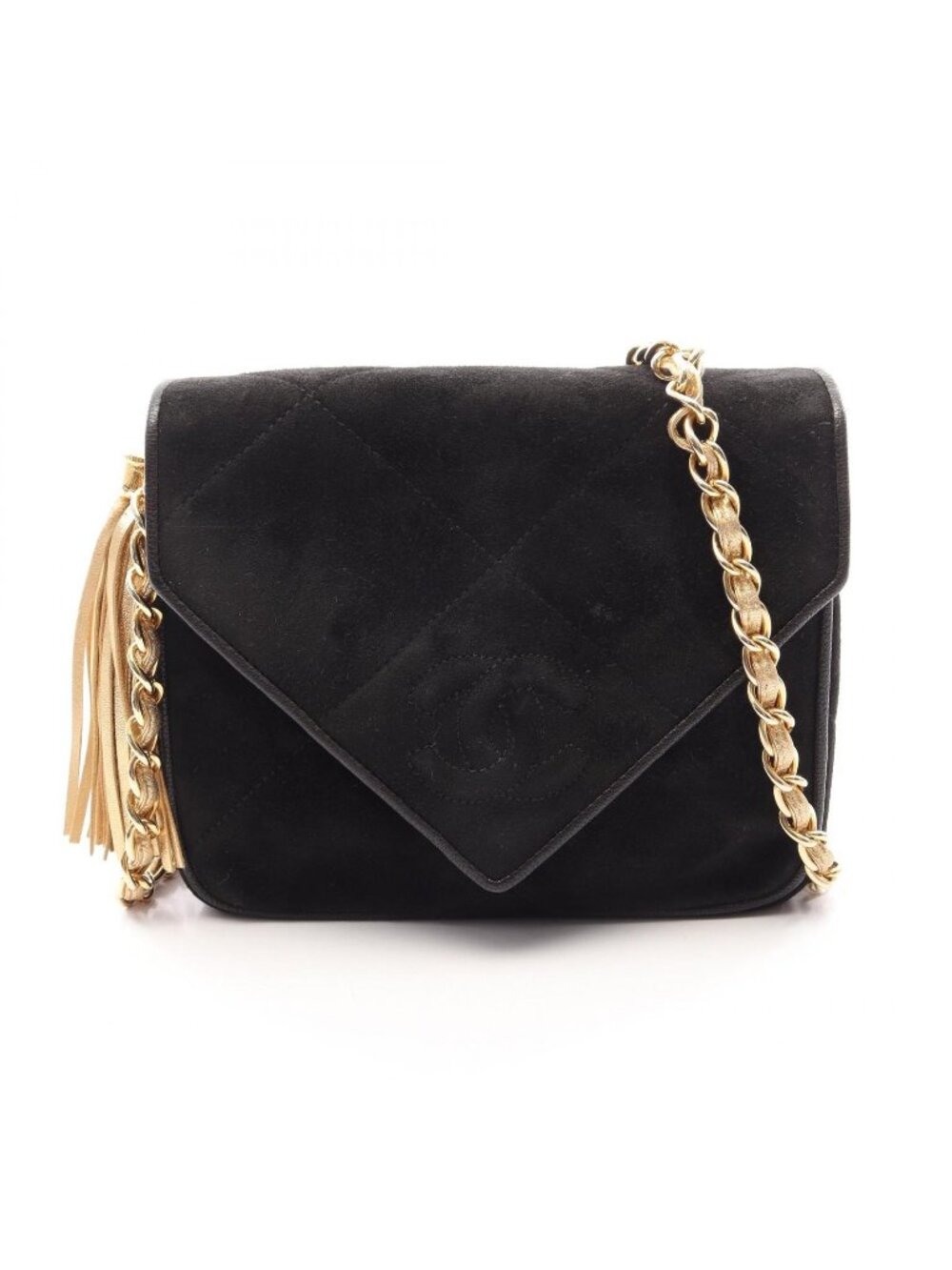 Chanel Shoulder Bag CC Logo Diamond Stitch Black Suede Fringe Mini Chain